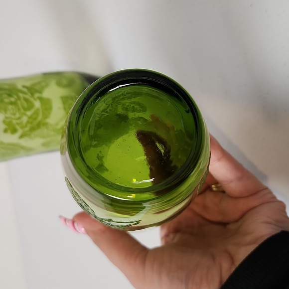 Vintage 1950s Avocado Green Raised Leaf High Ball Tumblers Glasses MCM Roses - Picture 6 of 6